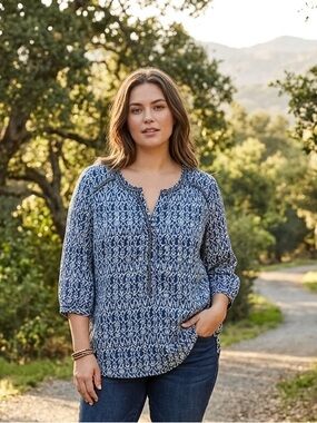 Skies Are Blue Printed Blue Henley Tunic